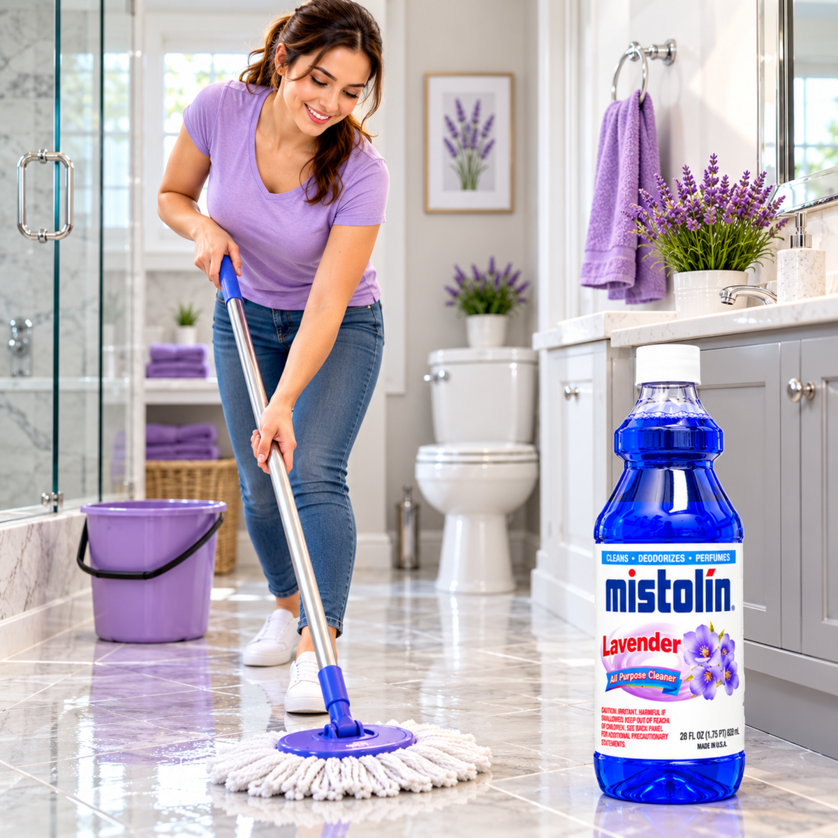 A woman mops a shiny tiled bathroom floor with a Mistolin Lavender microfiber mop, with a bottle of Mistolin Lavender cleaner placed in the foreground.