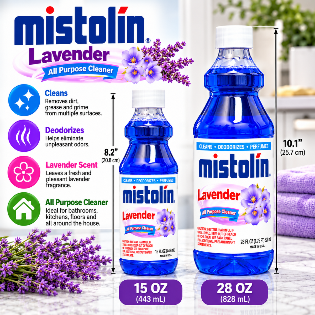 Two Mistolin Lavender all-purpose cleaner bottles shown side by side on a marble surface with lavender flowers and product feature icons. The smaller bottle is 15 oz (443 mL) and the larger bottle is 28 oz (828 mL).