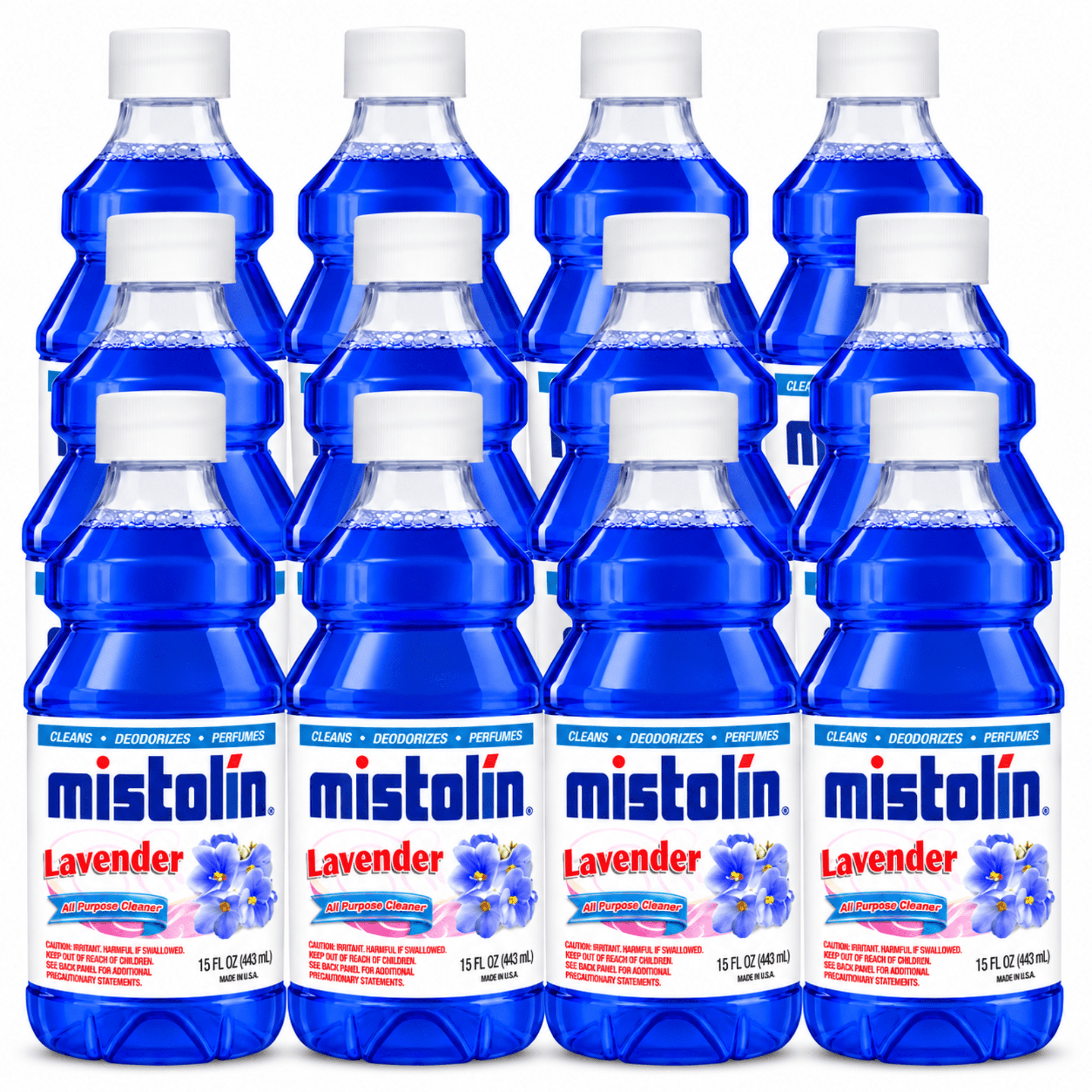 A 12-pack of Mistolin Lavender cleaning spray bottles arranged in a 3x4 grid. The bottles are filled with bright blue liquid and have white caps, with the Mistolin brand name and lavender flower graphics clearly visible on the labels.