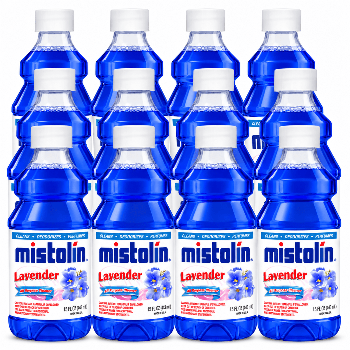 A 12-pack of Mistolin Lavender cleaning spray bottles arranged in a 3x4 grid. The bottles are filled with bright blue liquid and have white caps, with the Mistolin brand name and lavender flower graphics clearly visible on the labels.