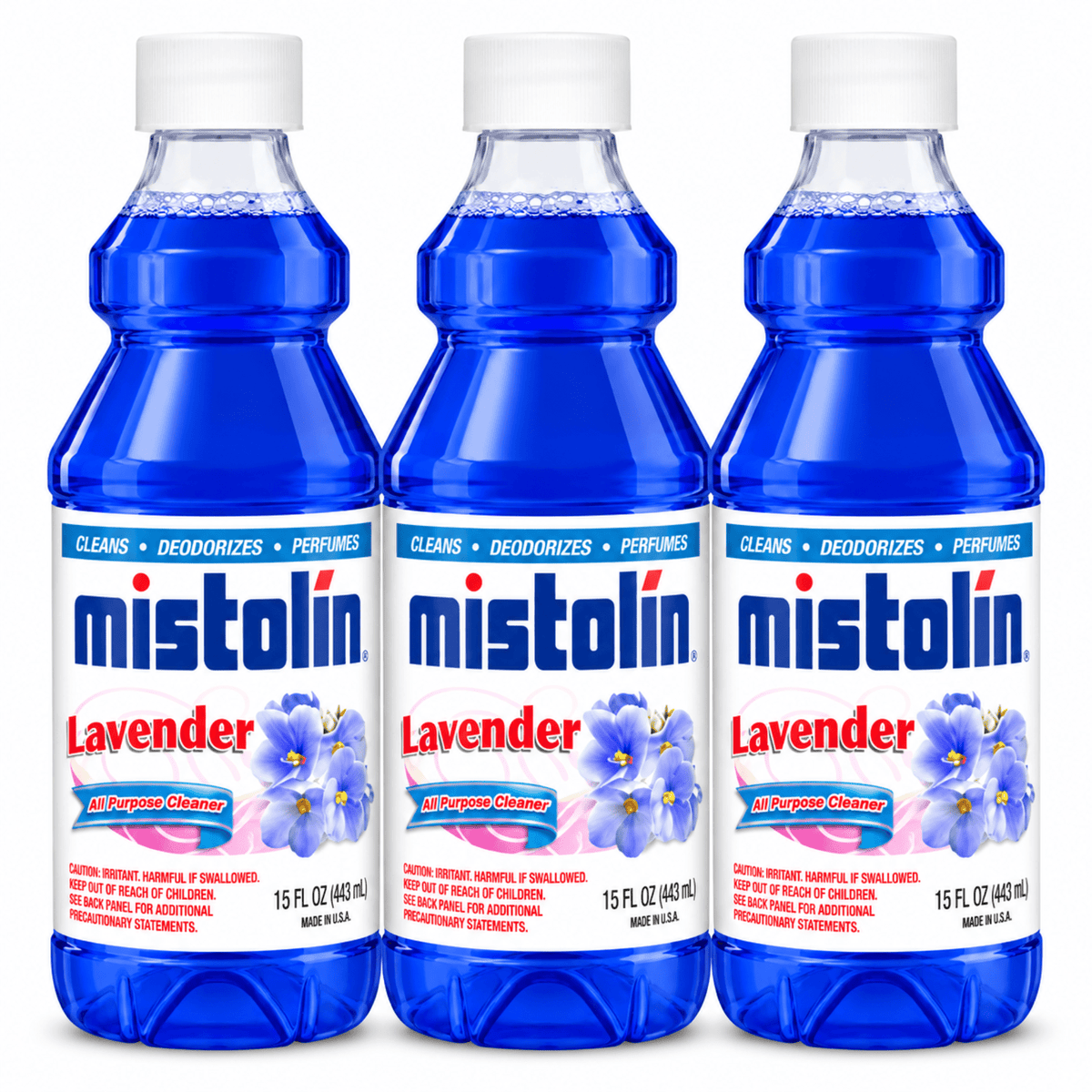Three bottles of Mistolin Lavender all-purpose cleaner arranged side by side on a white background.