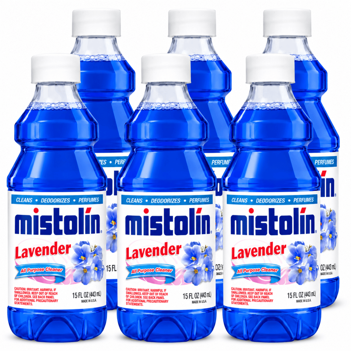 Six Mistolin Lavender liquid cleaning bottles arranged in two rows on a plain white background.