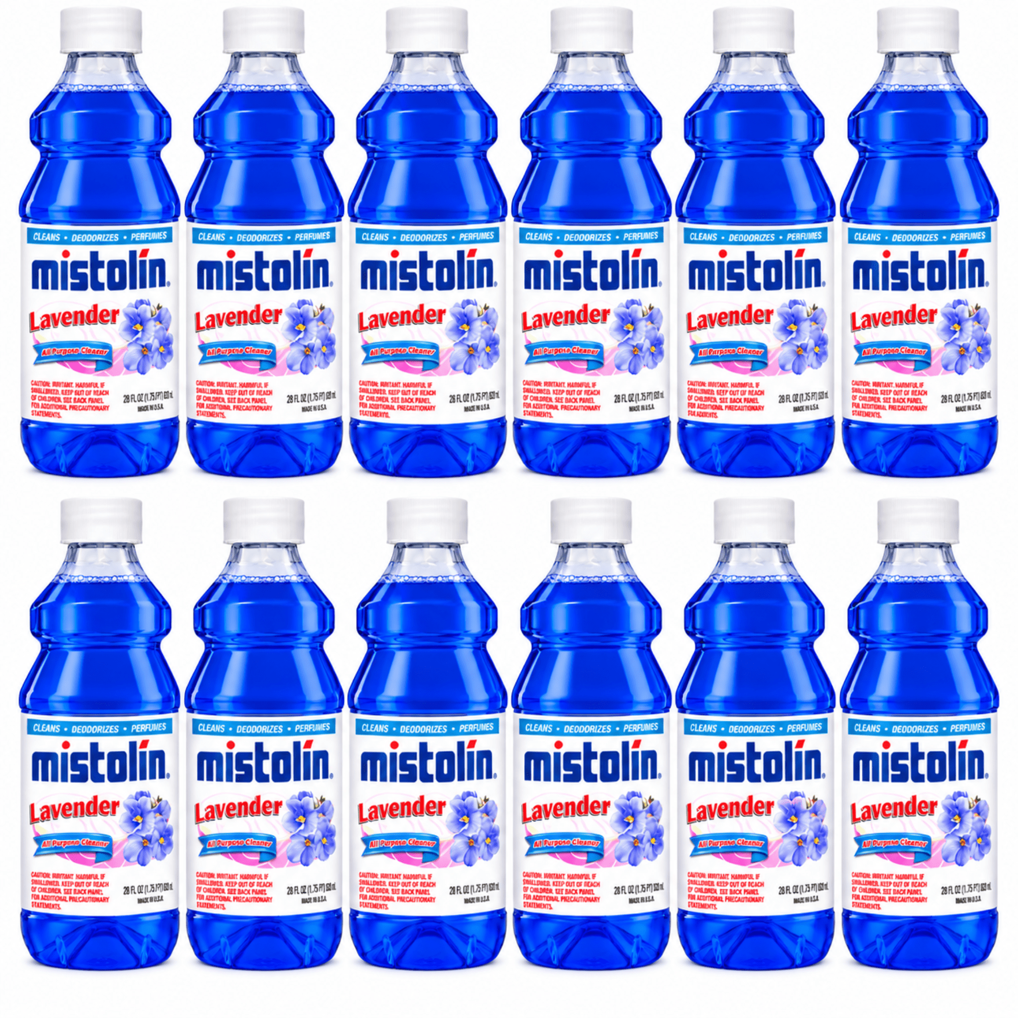 Twelve bottles of Mistolin Lavender disinfectant cleaner arranged in two rows of six on a plain white background.