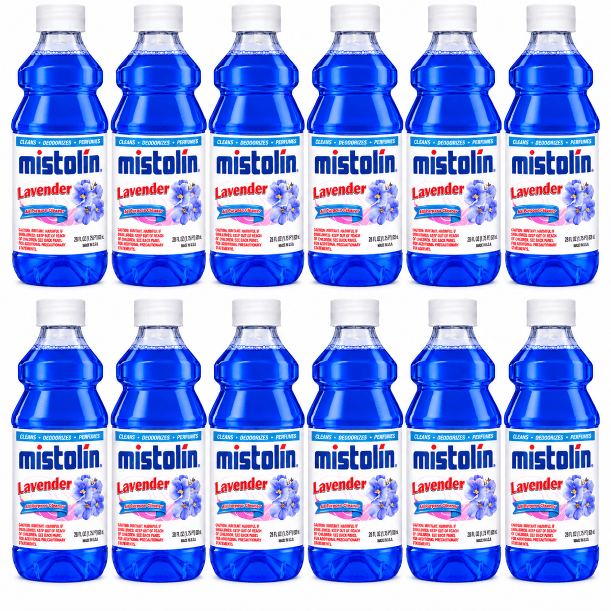 Twelve bottles of Mistolin Lavender disinfectant cleaner arranged in two rows of six on a plain white background.