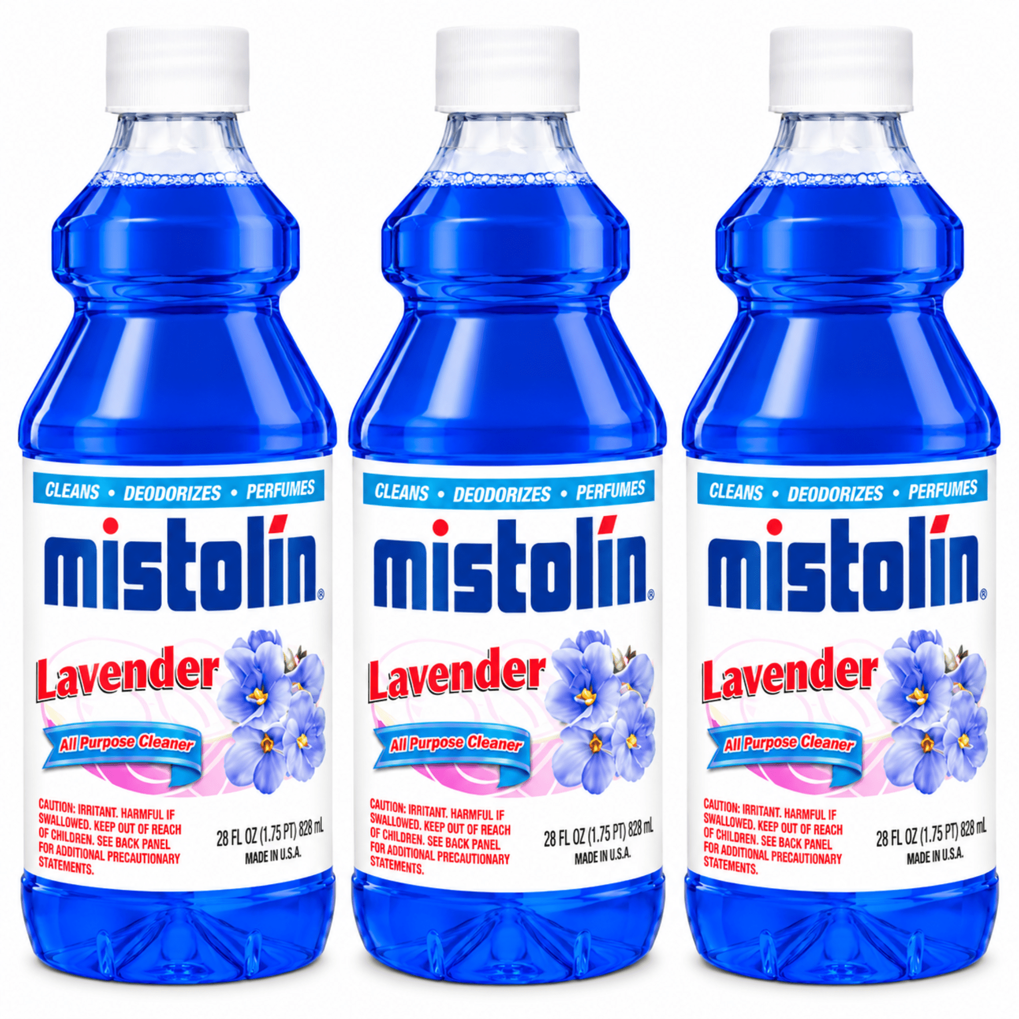 Three bottles of Mistolin Lavender all-purpose cleaner arranged side by side on a white background.
