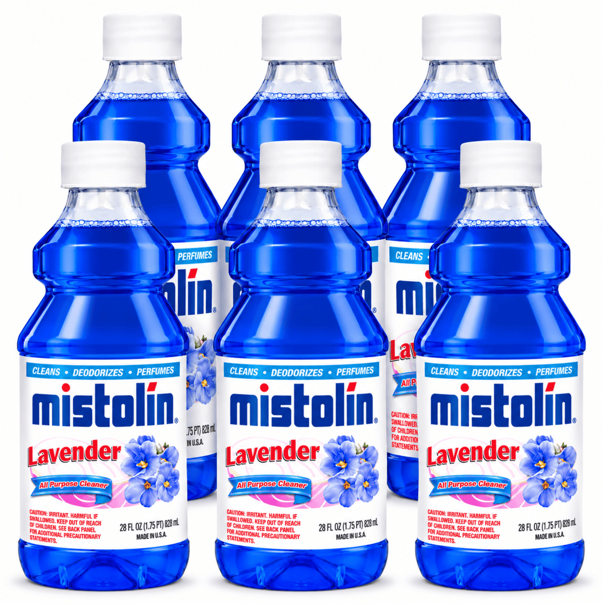 Six bottles of Mistolin Lavender disinfectant liquid arranged in two rows on a plain white background. The bottles are made of translucent blue plastic with white caps and feature a white, blue, and red label with lavender flowers.