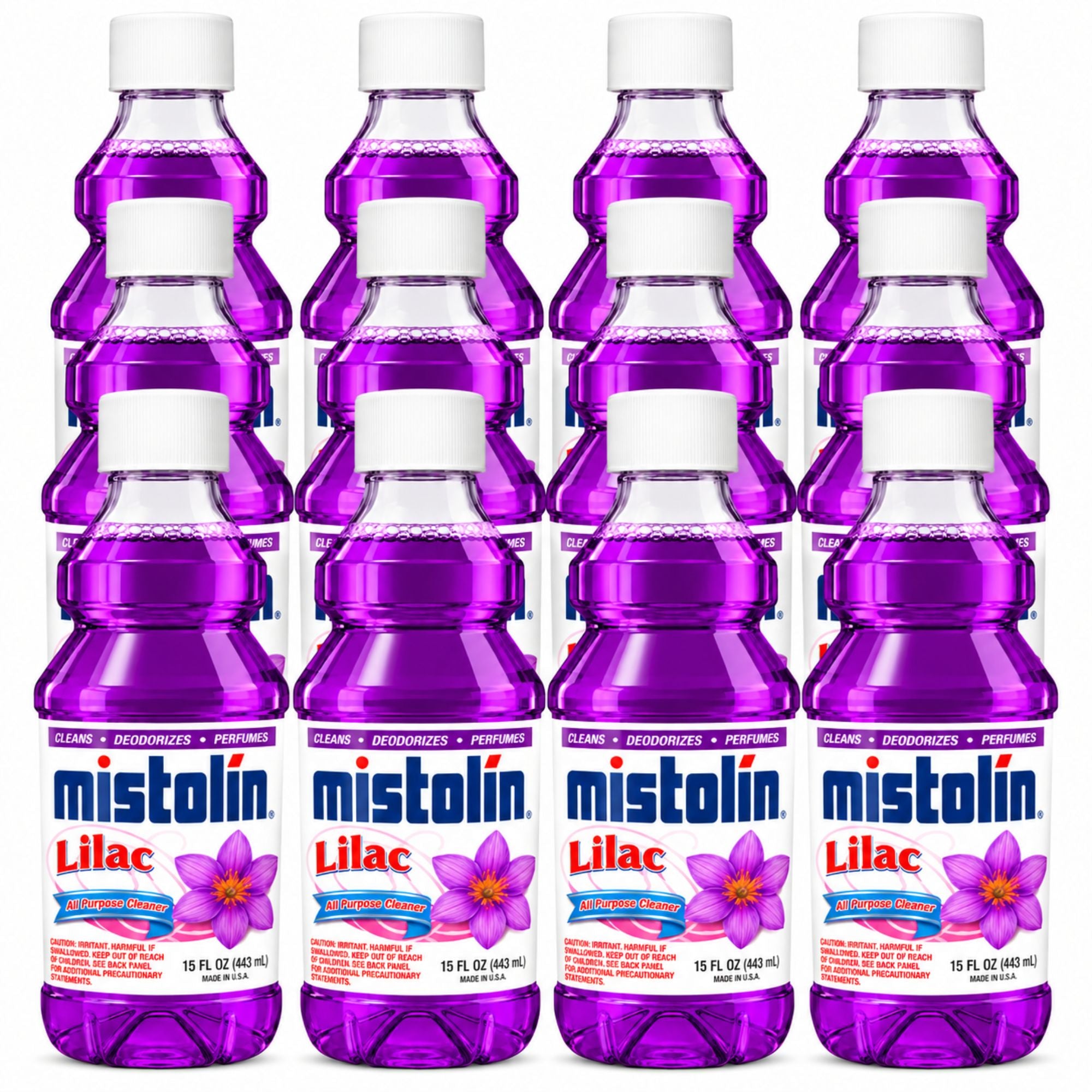 Twelve Mistolin Lilac mouthwash bottles arranged in a grid on a white background. The bottles are filled with bright purple liquid and feature white caps with Mistolin branding and lilac flower illustrations.