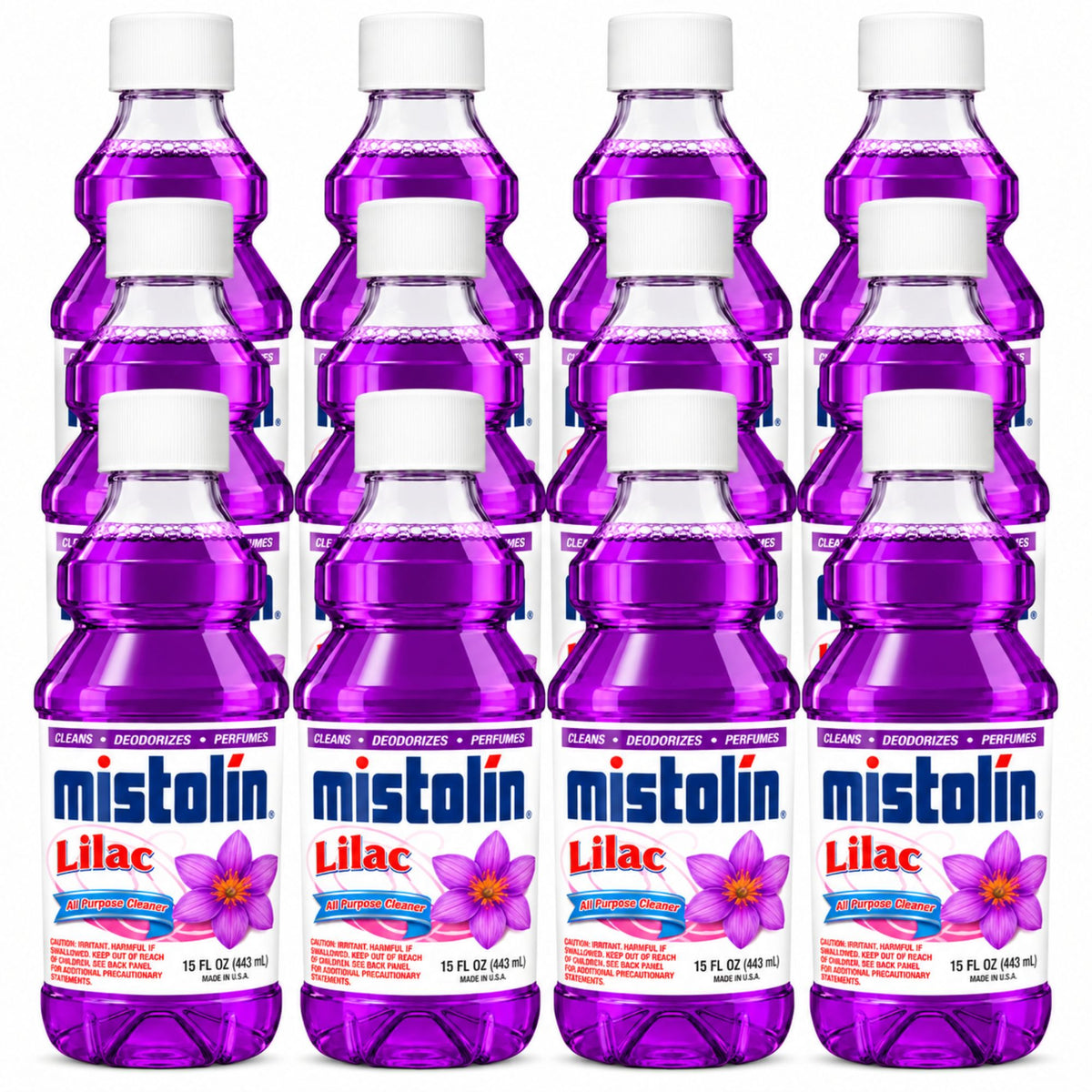 Twelve Mistolin Lilac mouthwash bottles arranged in a grid on a white background. The bottles are filled with bright purple liquid and feature white caps with Mistolin branding and lilac flower illustrations.