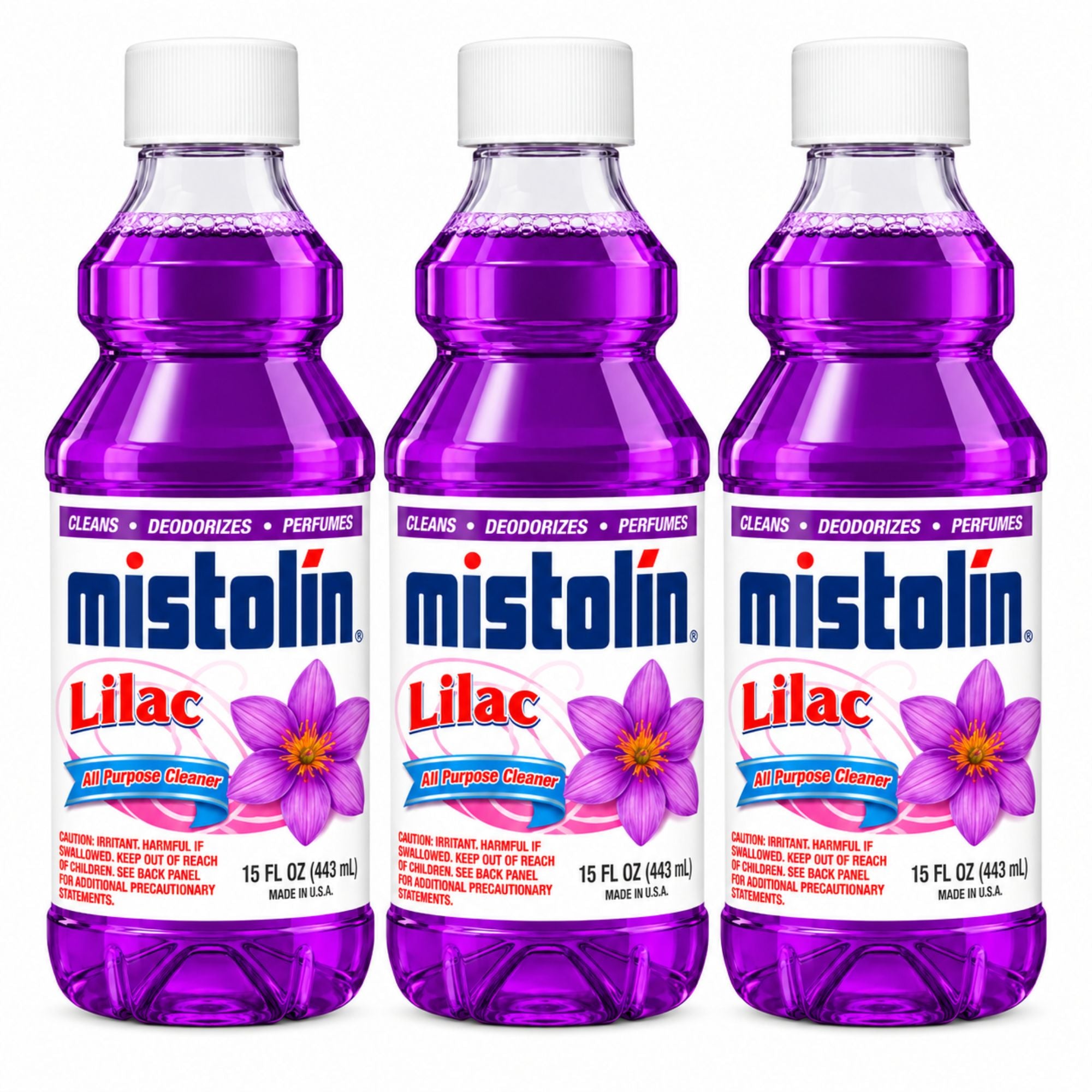 Three bottles of Mistolin Lilac All Purpose Cleaner arranged side by side on a plain white background.