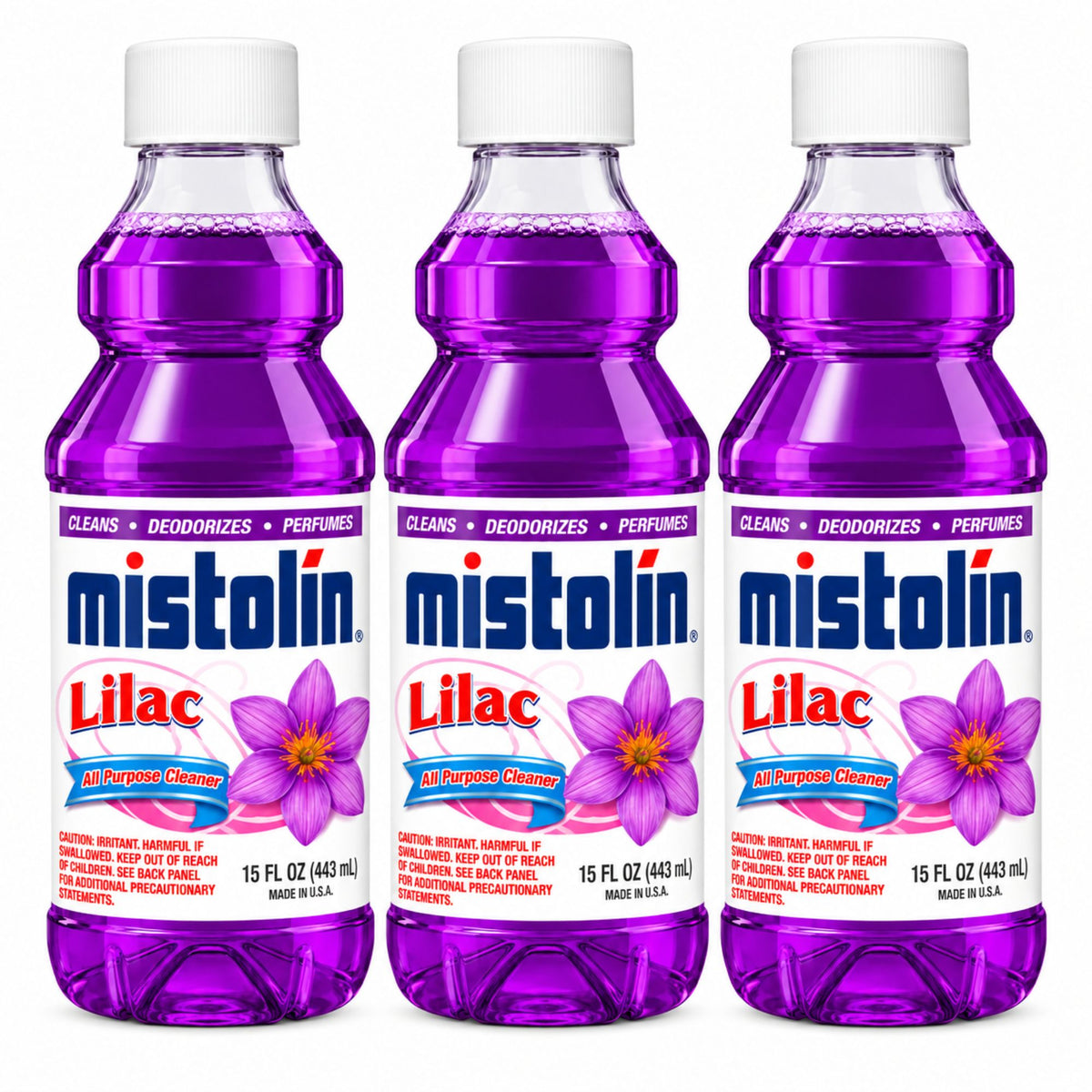 Three bottles of Mistolin Lilac All Purpose Cleaner arranged side by side on a plain white background.