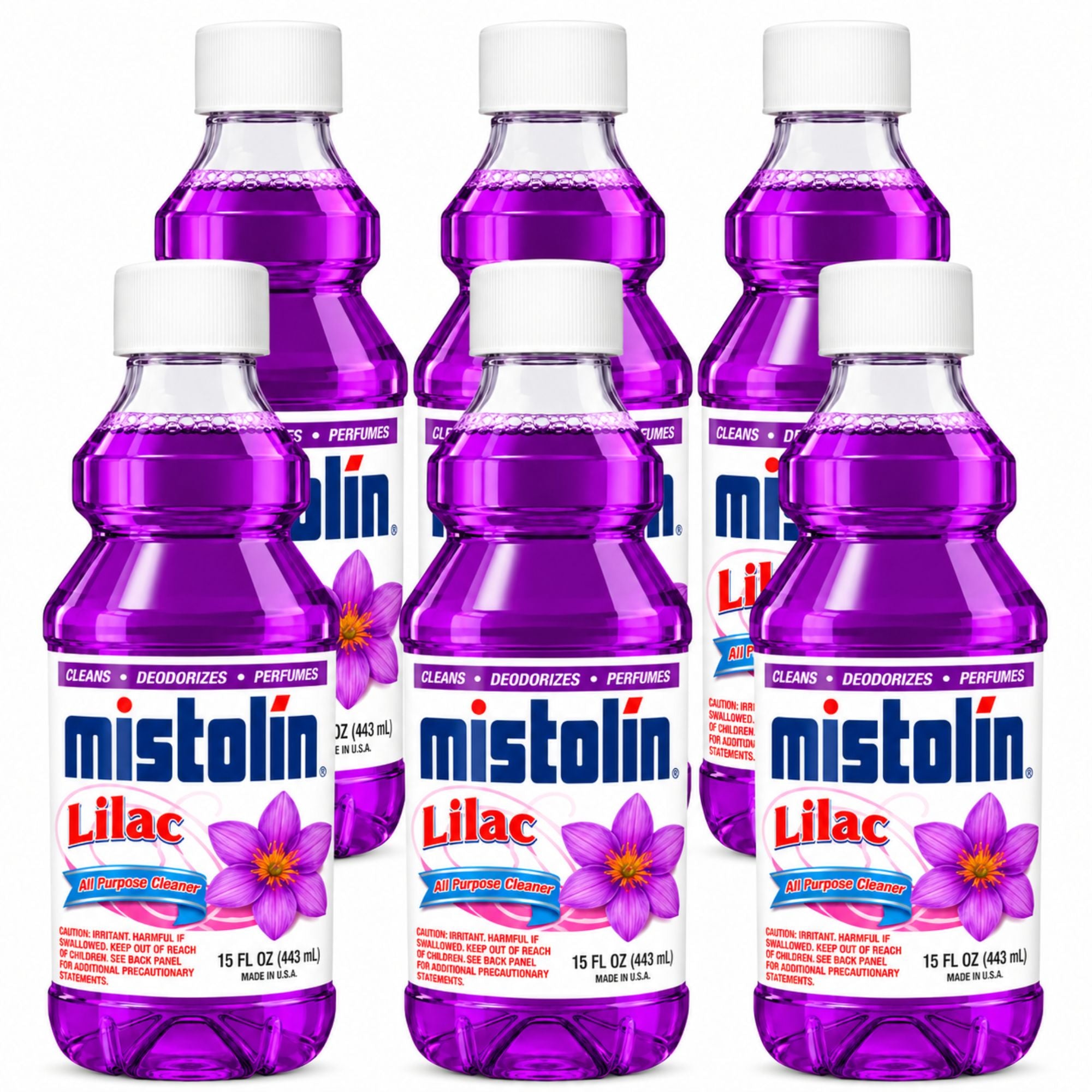 Six bottles of Mistolin Lilac disinfecting liquid arranged in two rows of three on a white background. The bottles are filled with a vibrant purple liquid and feature white caps with labels showing the Mistolin brand and a lilac flower graphic.