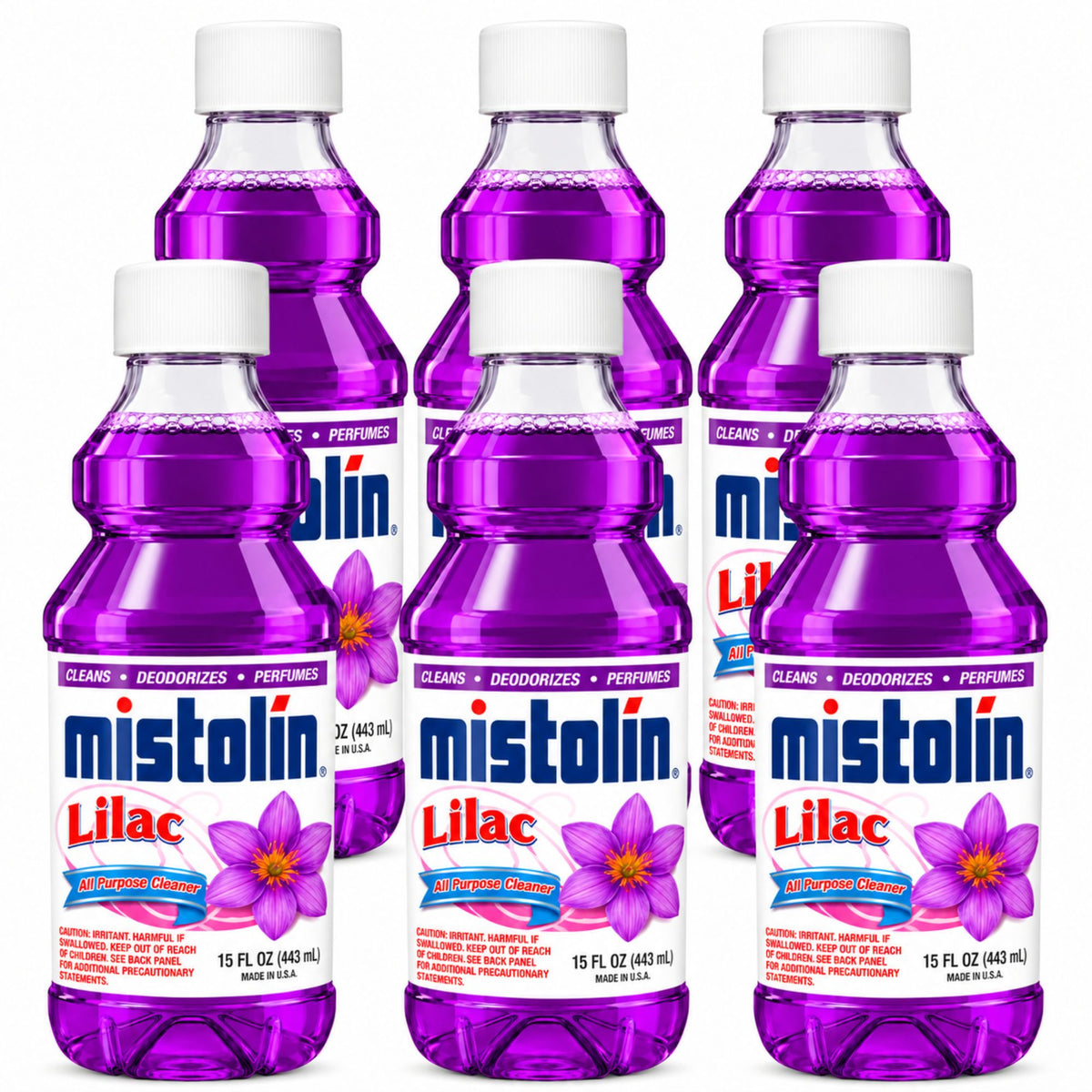 Six bottles of Mistolin Lilac disinfecting liquid arranged in two rows of three on a white background. The bottles are filled with a vibrant purple liquid and feature white caps with labels showing the Mistolin brand and a lilac flower graphic.