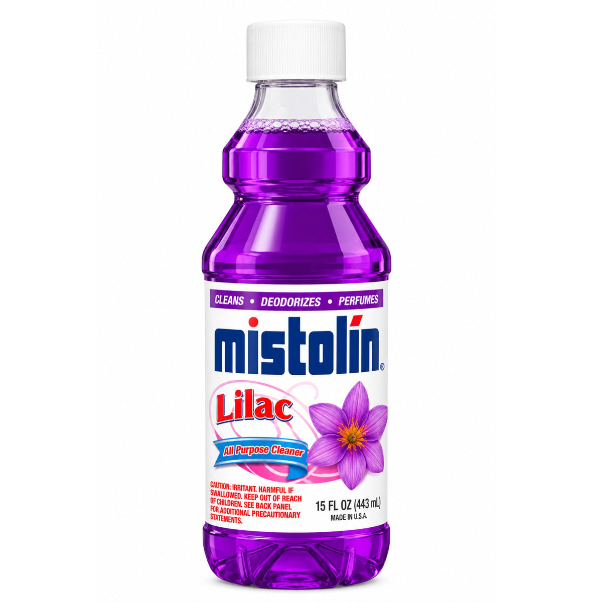 A 15 fl oz bottle of Mistolin Lilac All Purpose Cleaner, featuring a translucent purple liquid, a white cap, and a white label with blue and red text and a purple flower graphic.