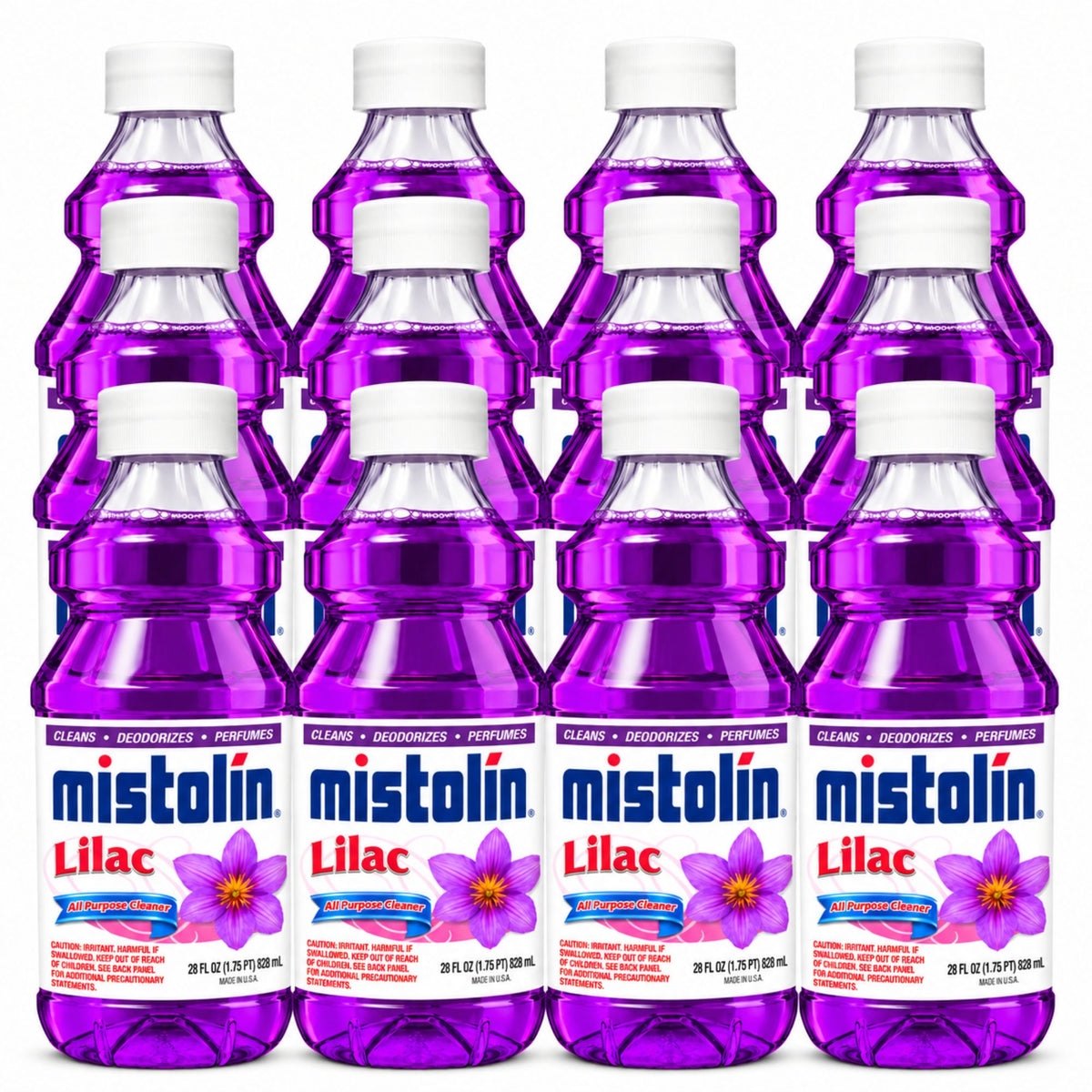 Twelve Mistolin Lilac odorizer bottles arranged in a 3-by-4 grid on a white background. The bottles are filled with a vivid purple liquid and feature white caps and white labels with the Mistolin brand name and a lilac flower graphic.