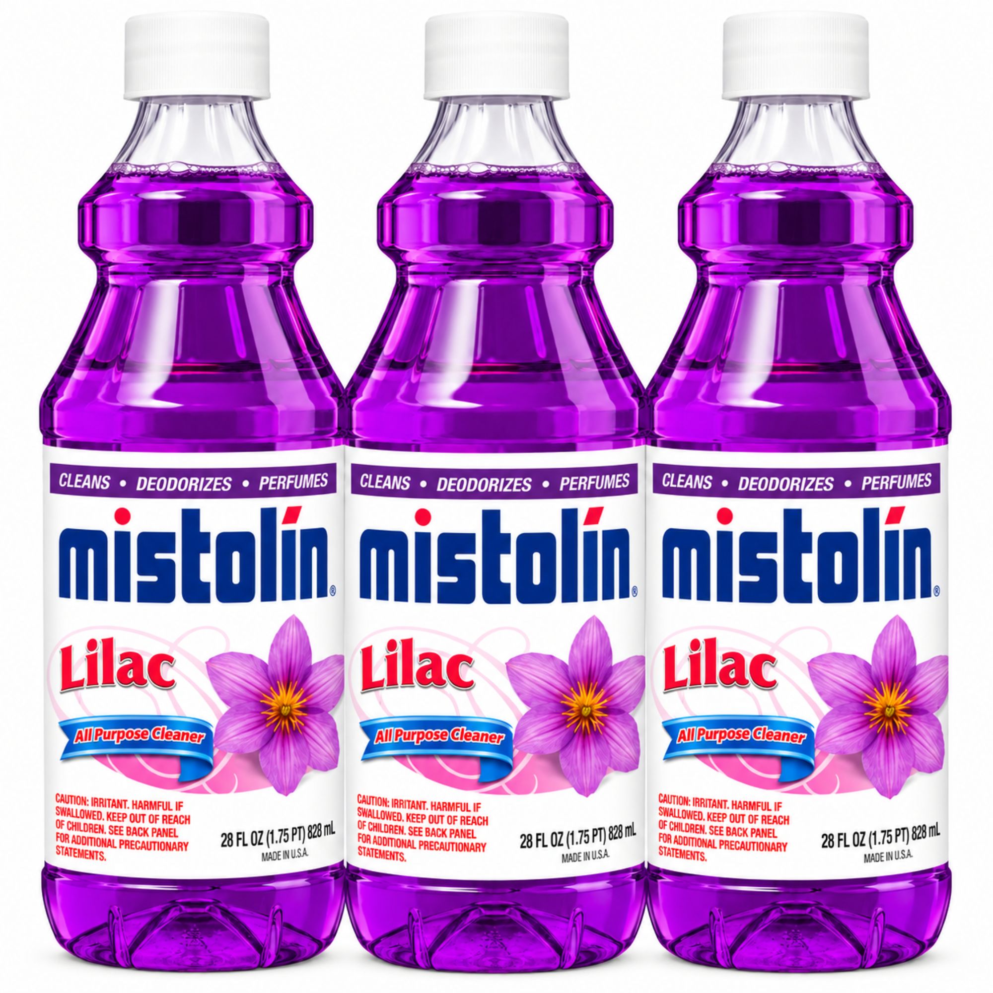 Three Mistolin Lilac all-purpose cleaner bottles arranged side by side on a white background.