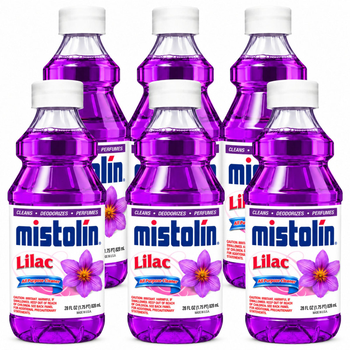 Six Mistolín Lilac air freshener bottles arranged in two rows on a plain white background. The bottles are filled with a vivid purple liquid and feature white caps and white labels with blue and red text, along with a purple flower graphic.
