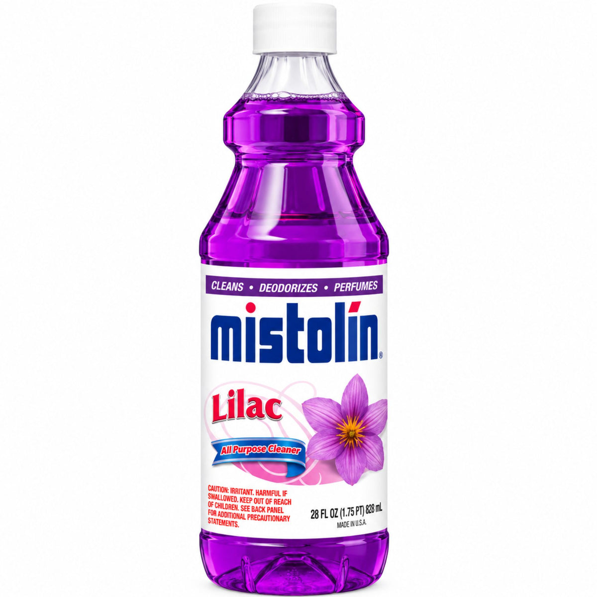 A bottle of Mistolin Lilac disinfectant cleaner with purple liquid, a white cap, and a white label featuring the Mistolin brand name and a lilac flower graphic.