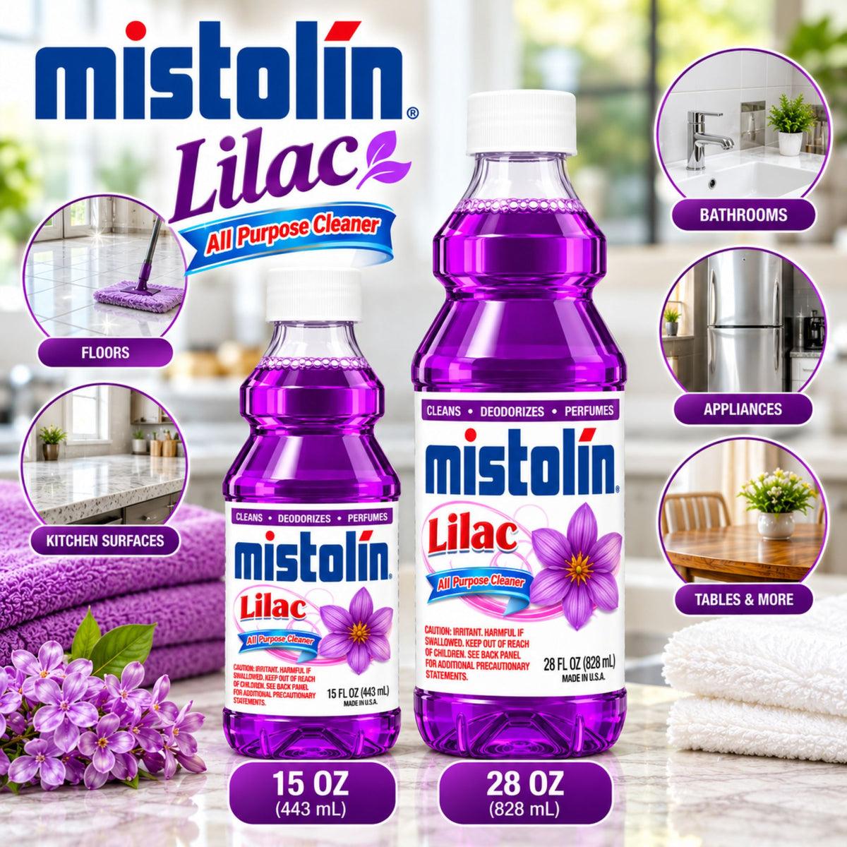 Two Mistolin Lilac all-purpose cleaner bottles shown on a bright kitchen-surface background, one 15 oz and one 28 oz, with purple liquid inside. The image includes circular inset photos of cleaning use cases: floors, kitchen surfaces, bathrooms, appliances, and tables & more, plus purple flower graphics and product name text.