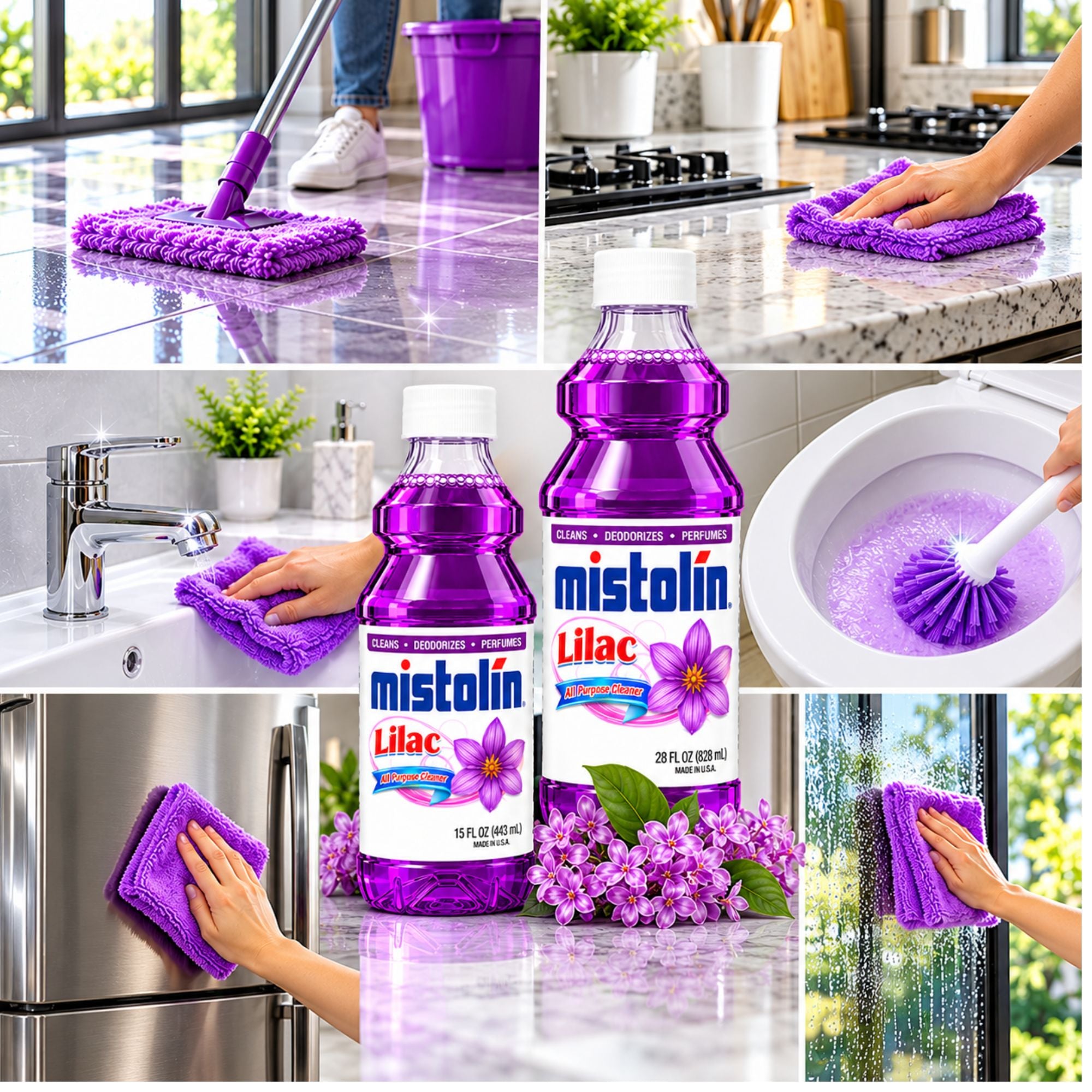 A collage showing Mistolin Lilac cleaning liquid bottles and their use in a kitchen and bathroom setting, with purple microfiber mops, a purple toilet brush, and purple cleaning cloths used to wipe countertops, sinks, a refrigerator, and a window.