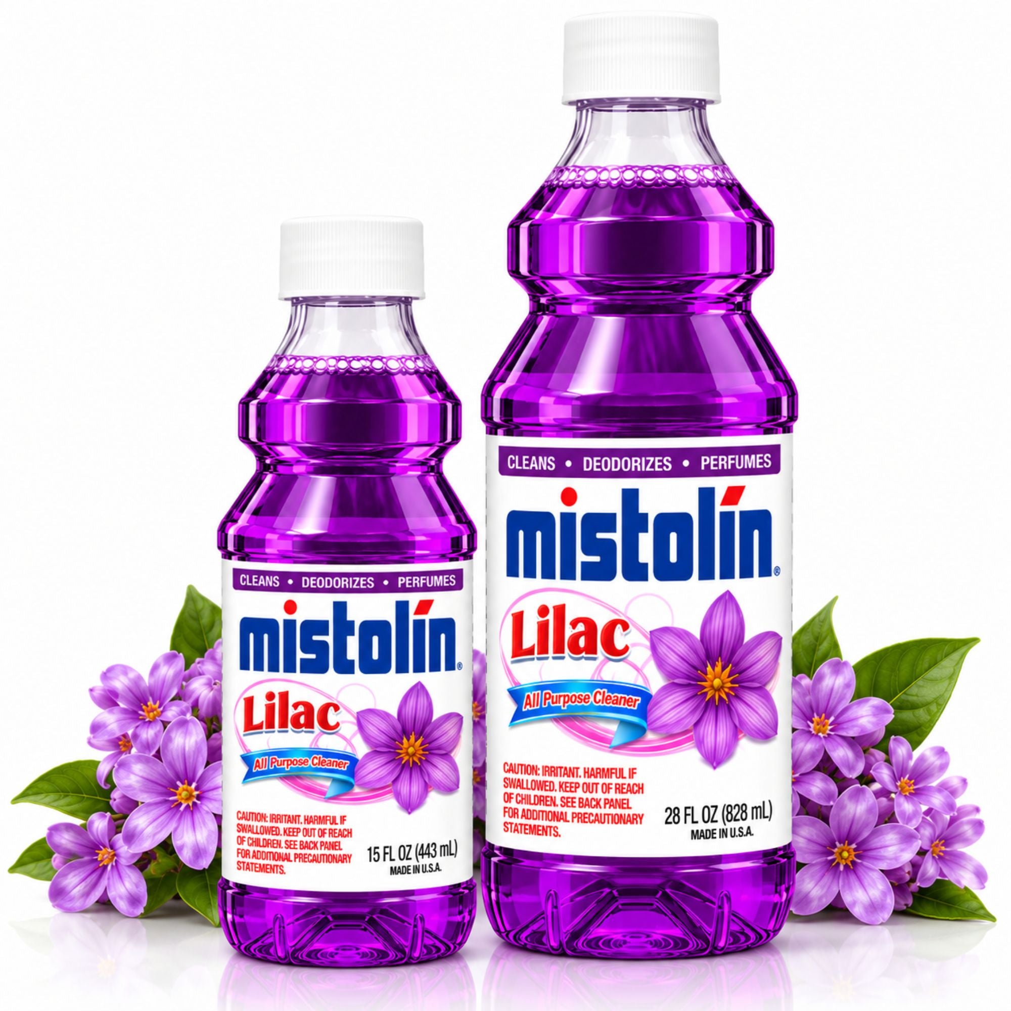 Two Mistolín Lilac mouthwash bottles with purple liquid, flanked by purple flowers and green leaves on a white background.