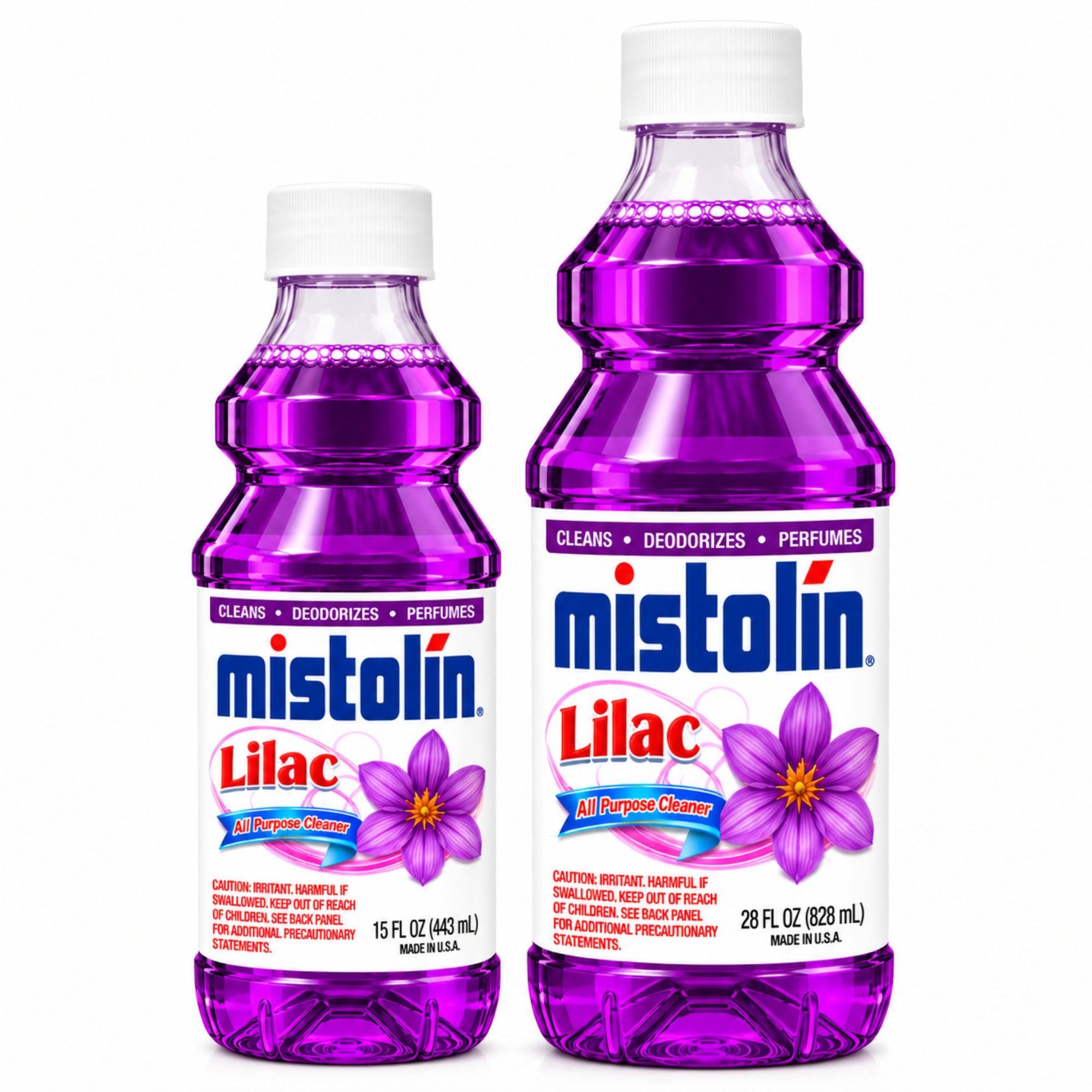 Two Mistolin Lilac cleaning spray bottles on a white background, one 15 fl oz and one 28 fl oz, filled with bright purple liquid.