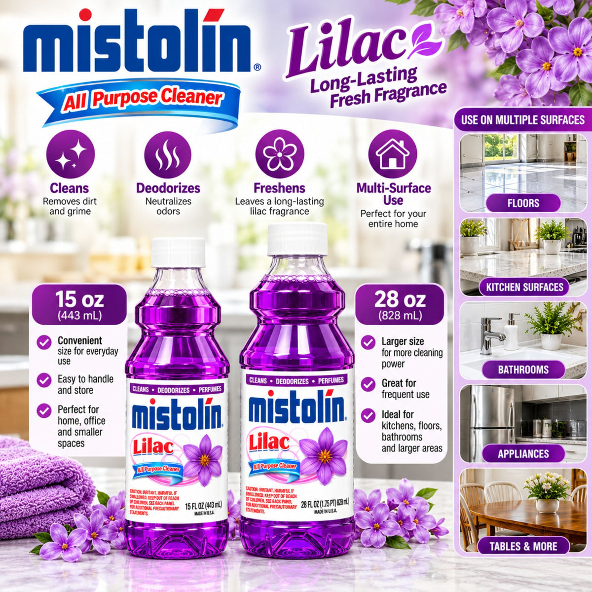 Two Mistolin Lilac all-purpose cleaner bottles with purple liquid, shown on a white background with floral graphics, feature callouts for size (15 oz and 28 oz), benefits, and use on multiple surfaces.