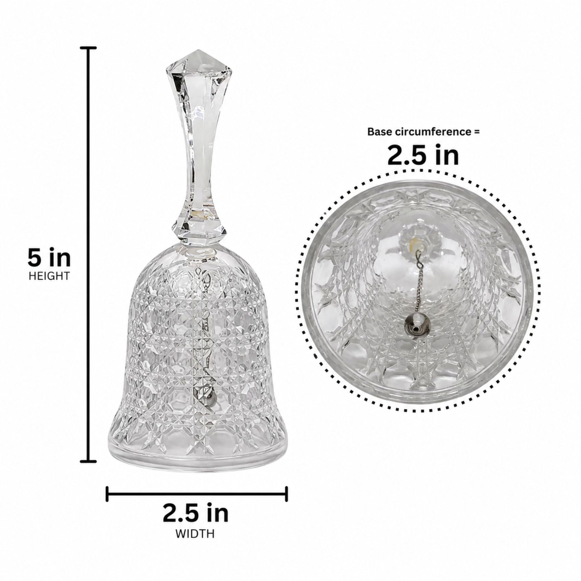 A clear cut-glass bell shown on a white background with dimension labels: 5 in height and 2.5 in width, plus a circular inset showing the base and a small hanging weight.