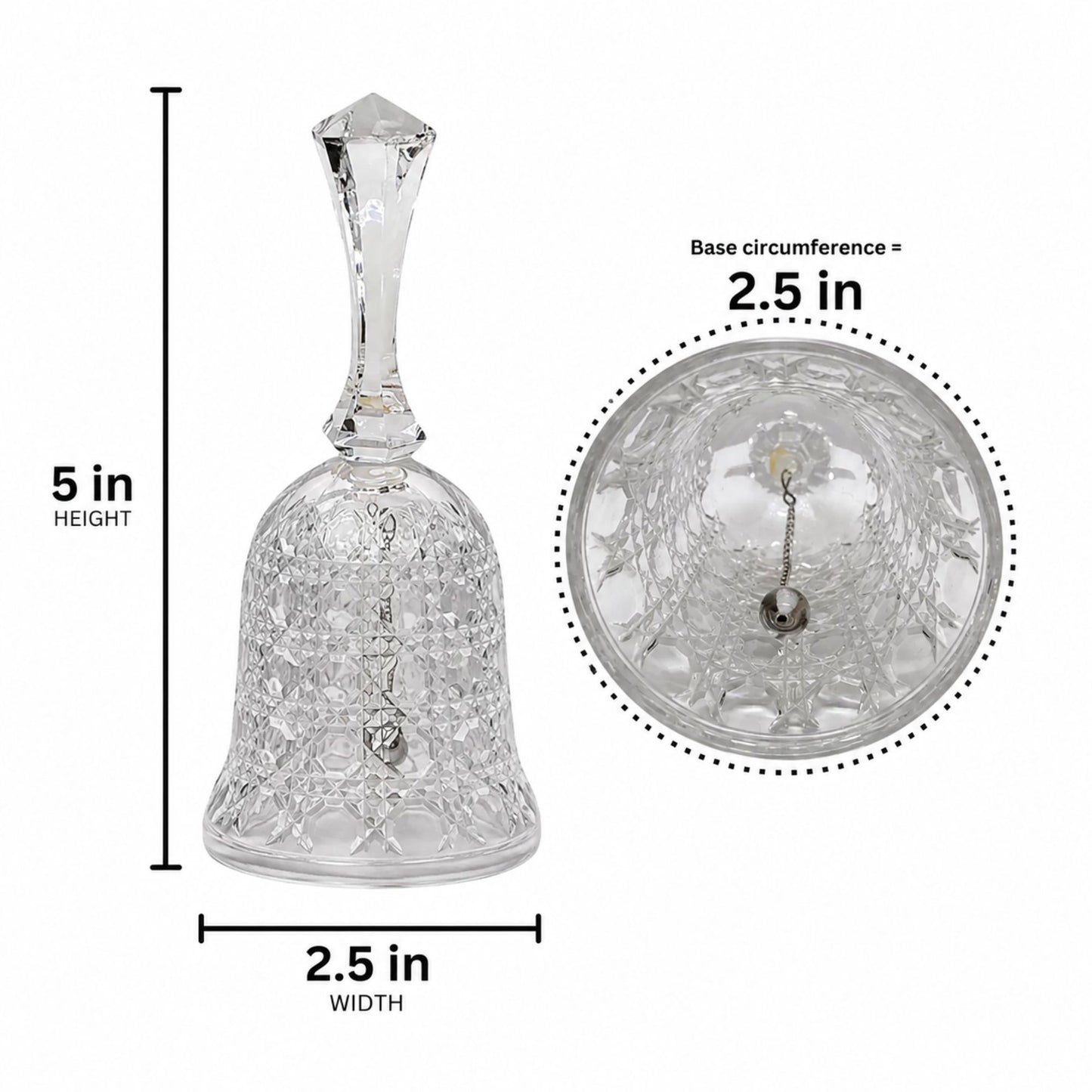 A clear cut-glass bell shown on a white background with dimension labels: 5 in height and 2.5 in width, plus a circular inset showing the base and a small hanging weight.