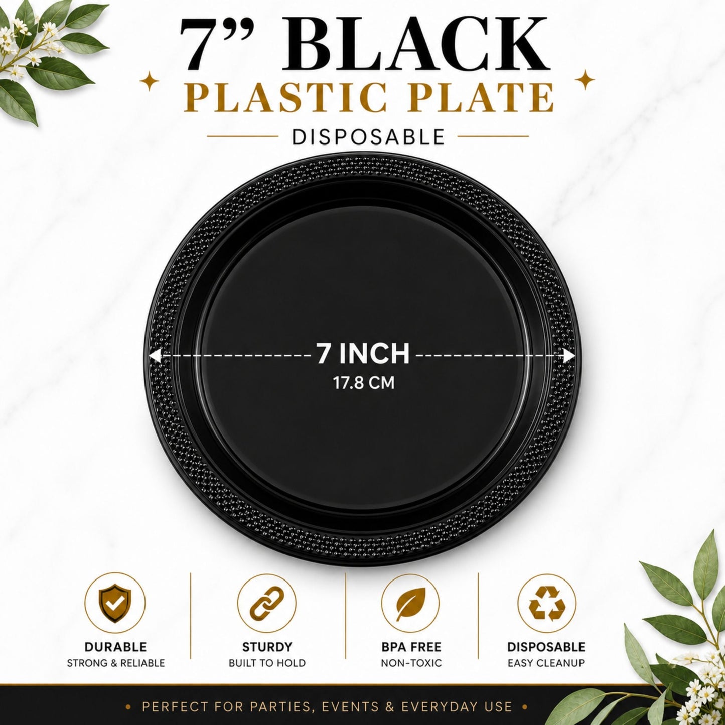 7-inch black plastic plate with measurements and features on a white background