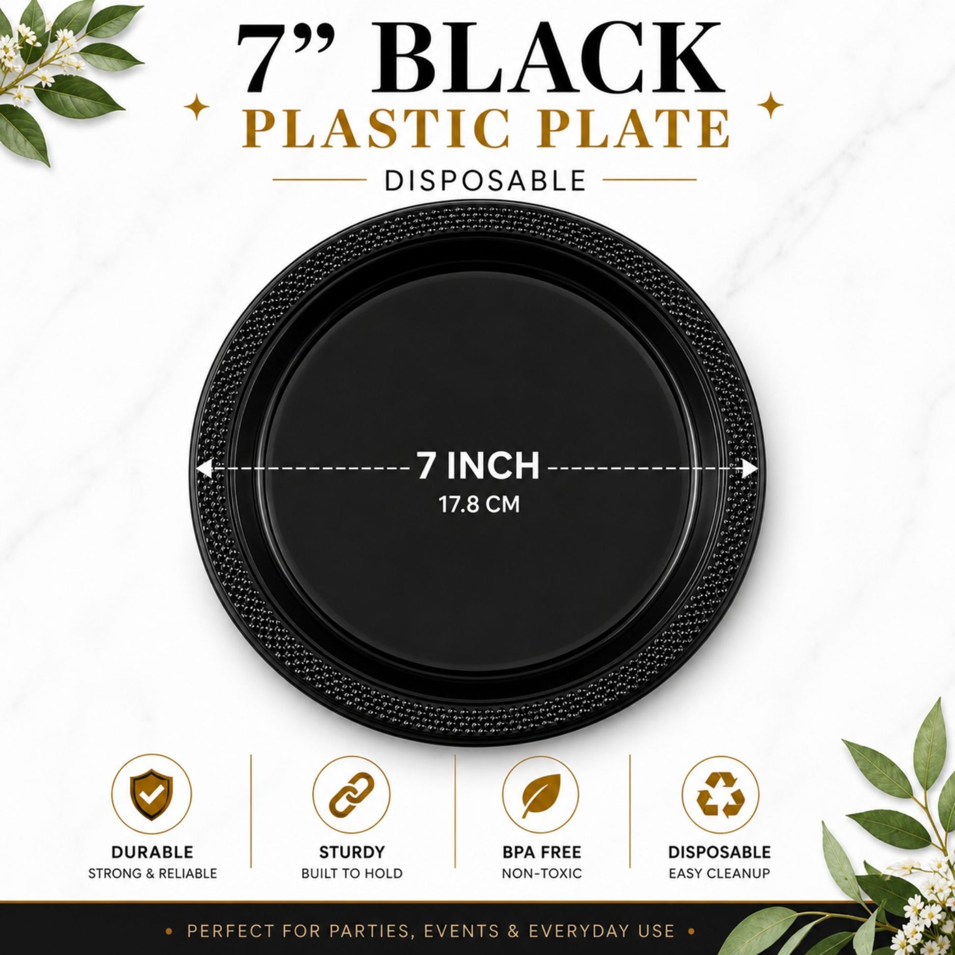 7-inch black plastic plate with measurements and features on a white background