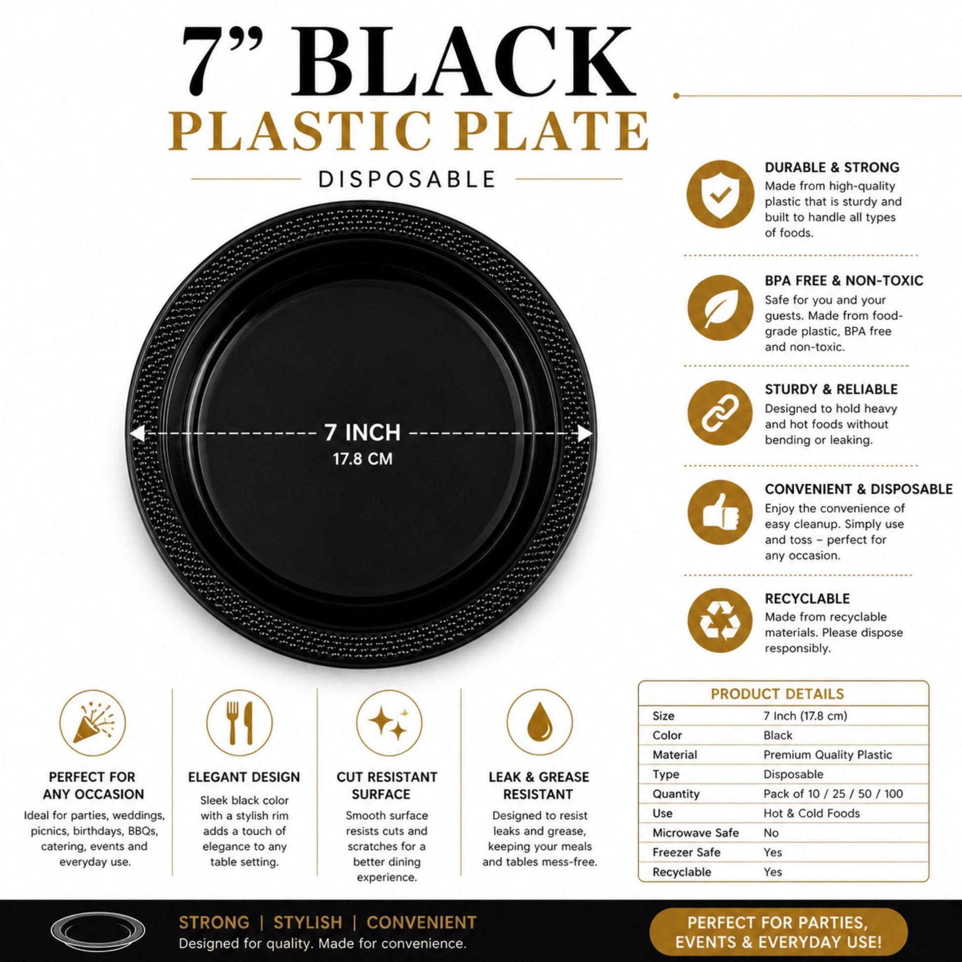 7-inch black plastic plate with product details on a white background