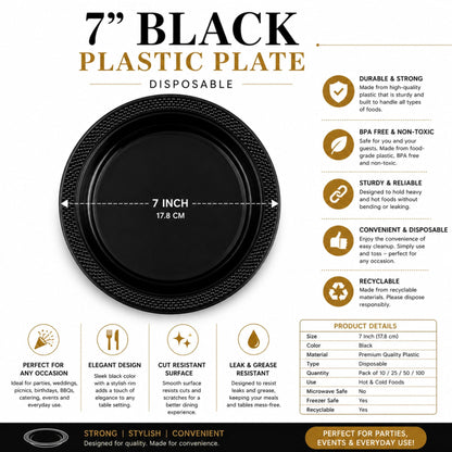 7-inch black plastic plate with product details on a white background