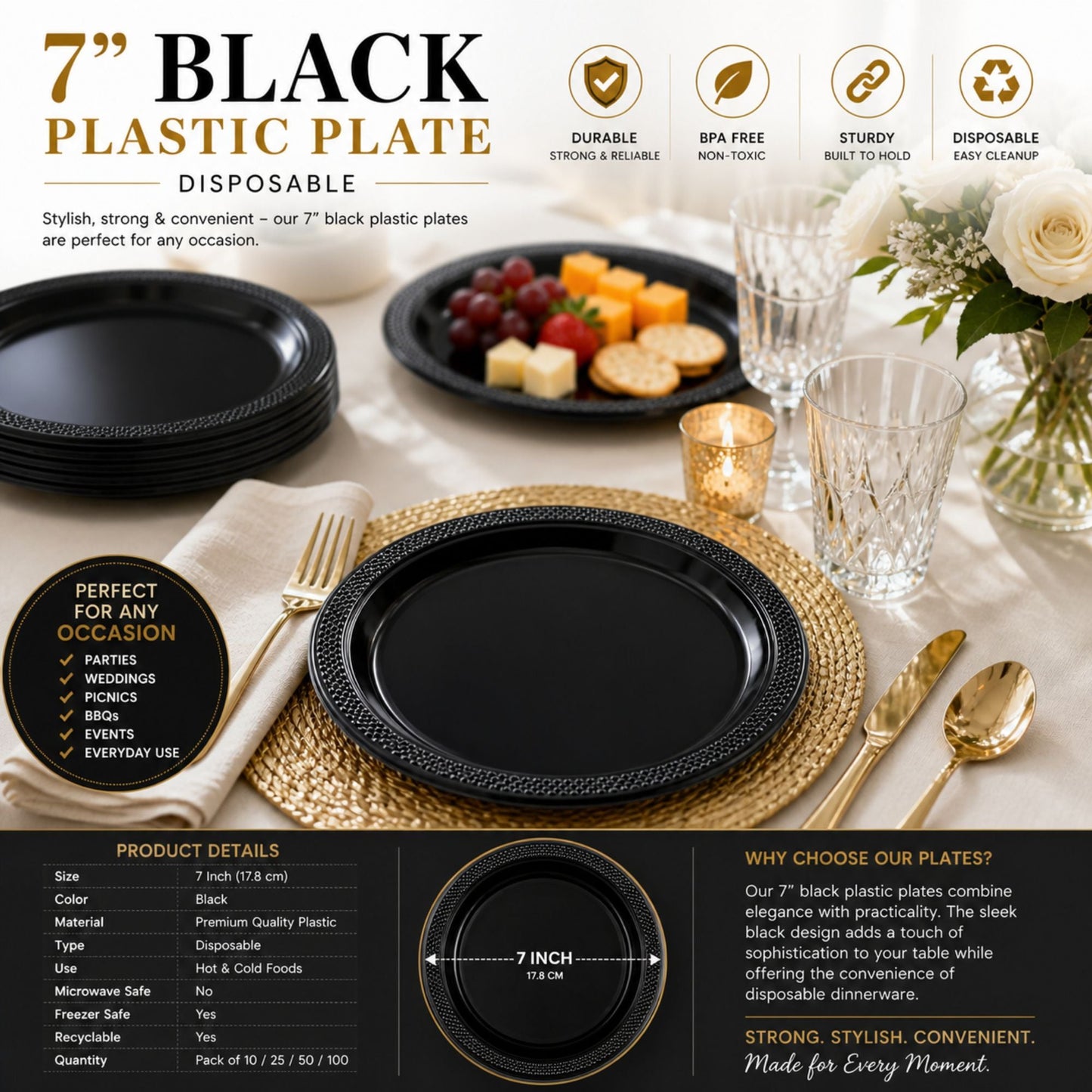 7-inch black plastic plates on a table setting with silverware and glasses, featuring product details and benefits.
