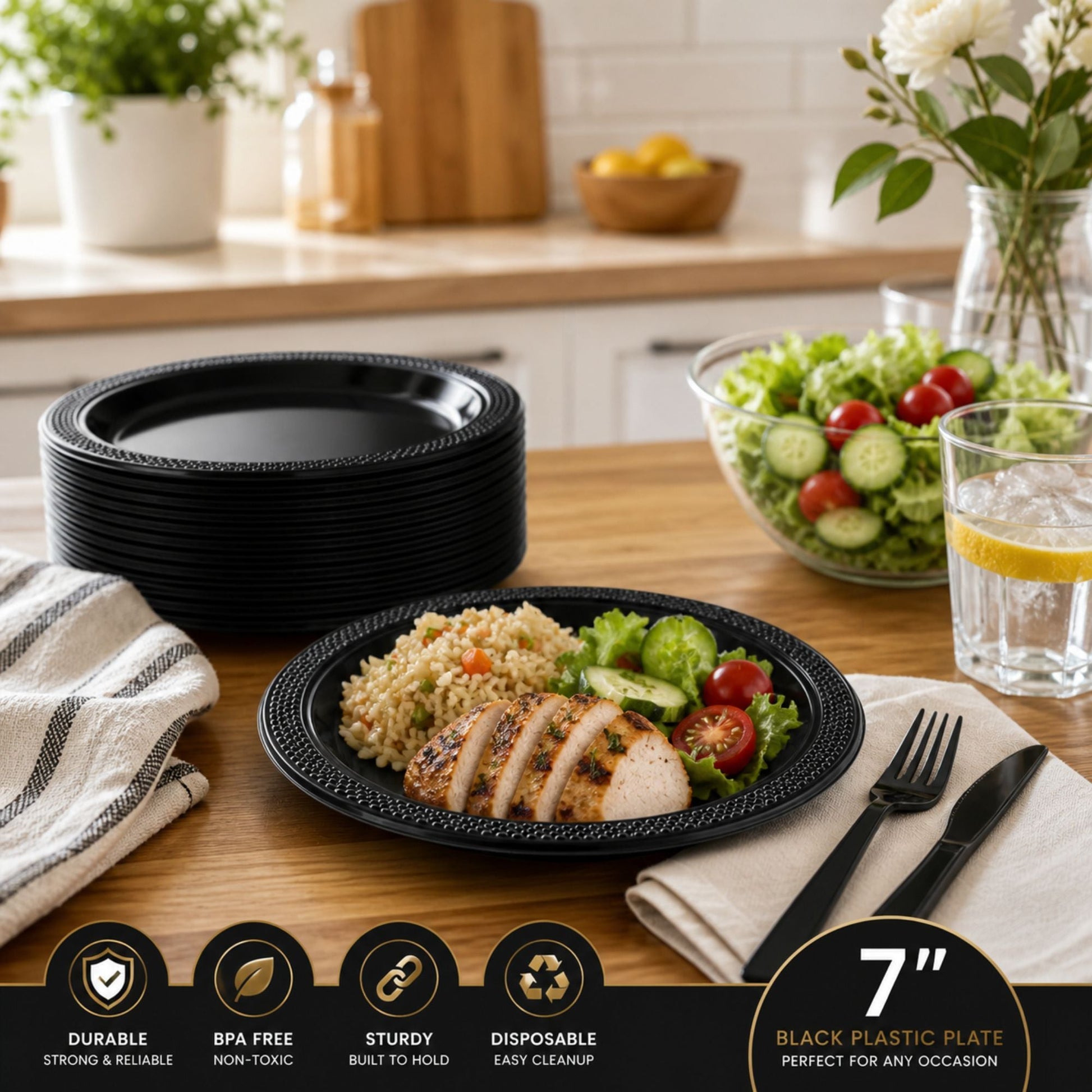 Black plastic plates on a kitchen counter with a meal and tableware.
