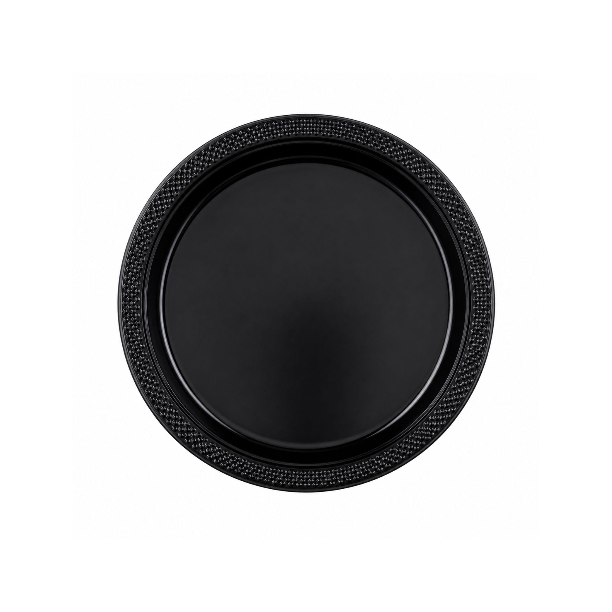 Black round plate with textured rim on a white background