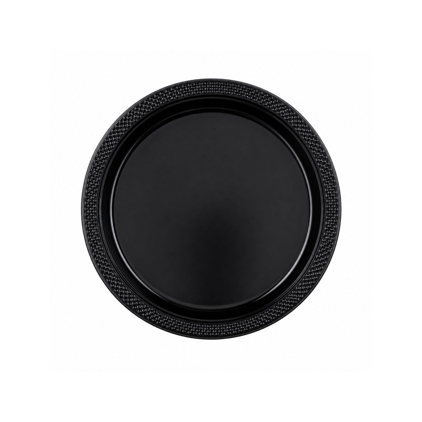 Black round plate with textured rim on a white background