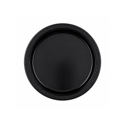 Black round plate with textured rim on a white background