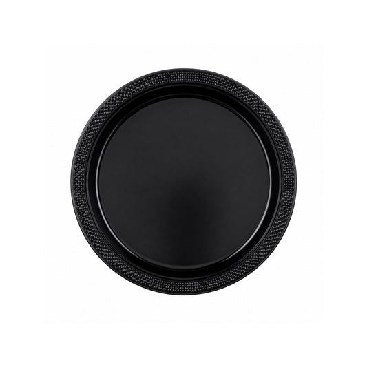 Black round plate with textured rim on a white background