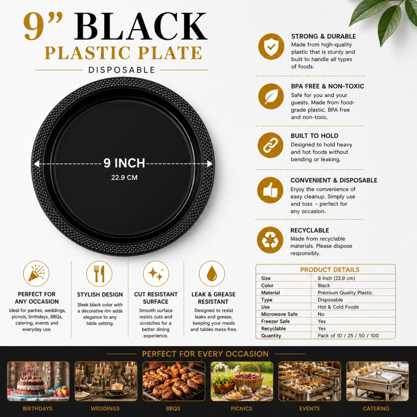9-inch black plastic plate with product details on a white background