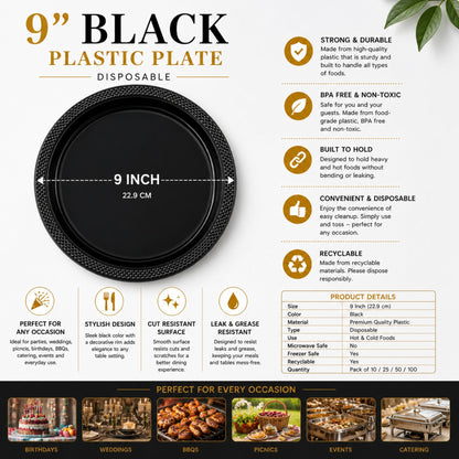 9-inch black plastic plate with product details on a white background