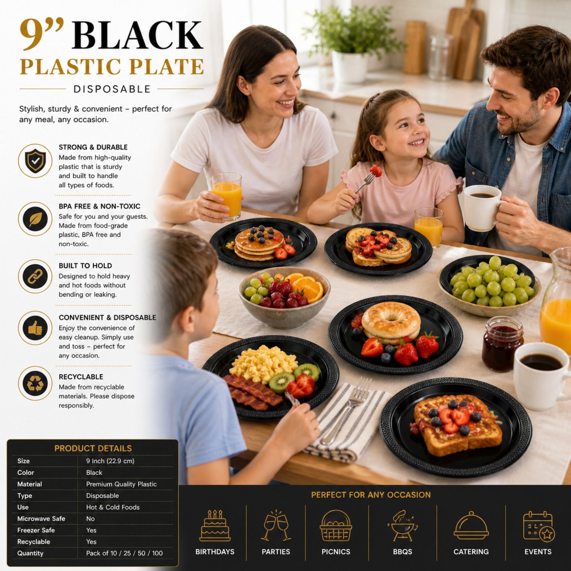 Family enjoying a meal together with black plastic plates on a kitchen counter.