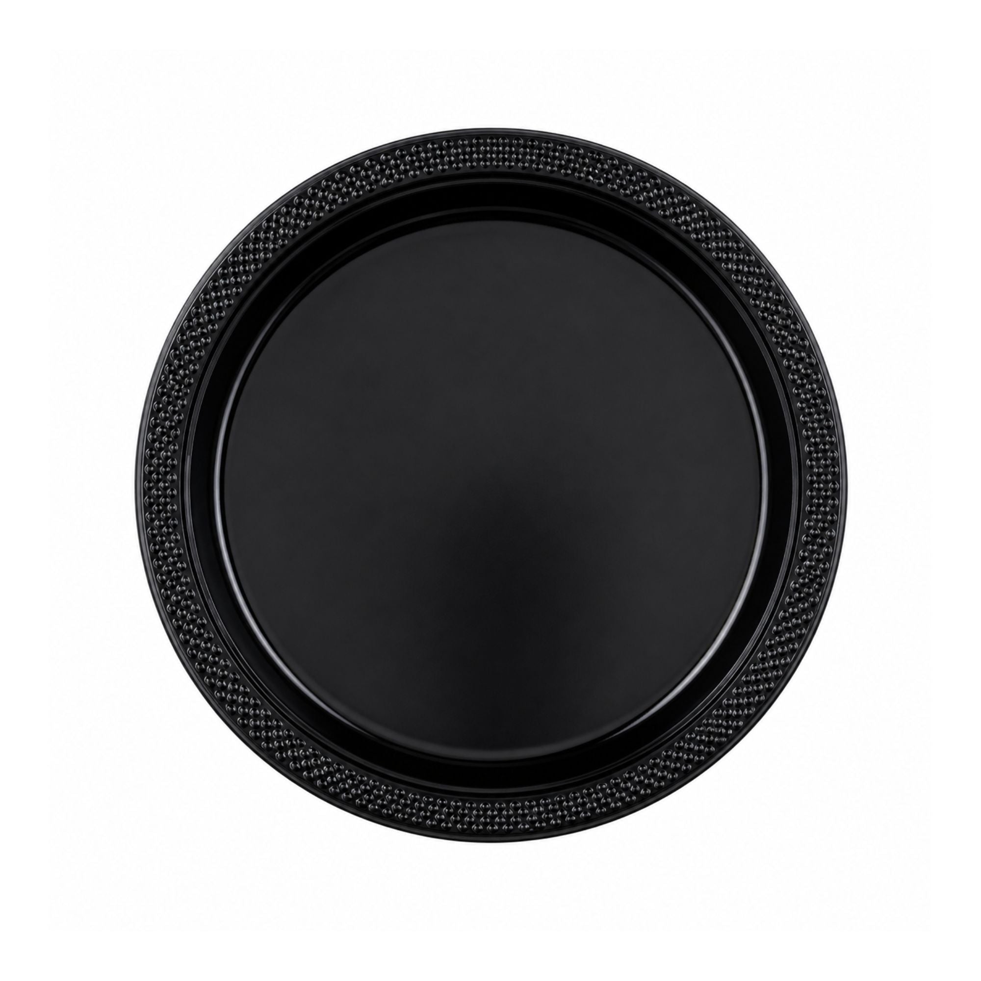 Black plate with textured rim on a white background