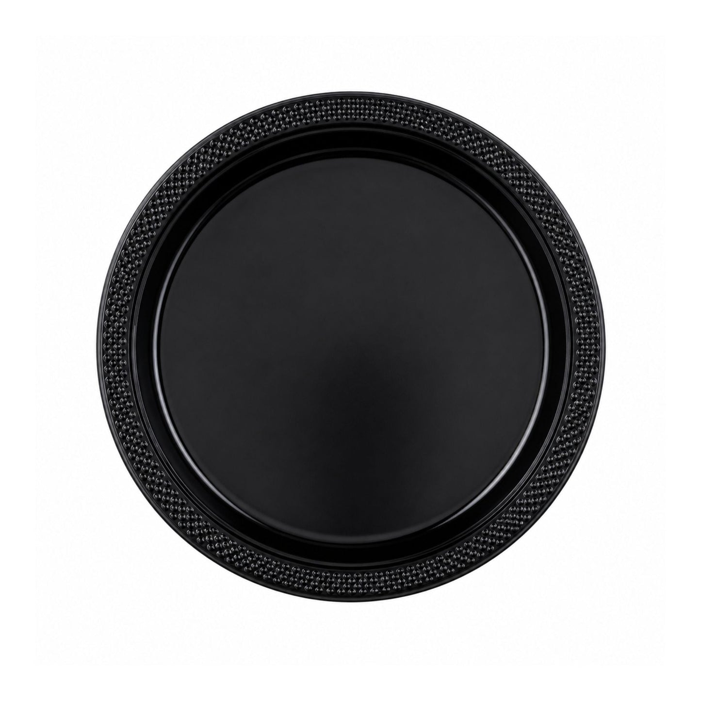 Black plate with textured rim on a white background