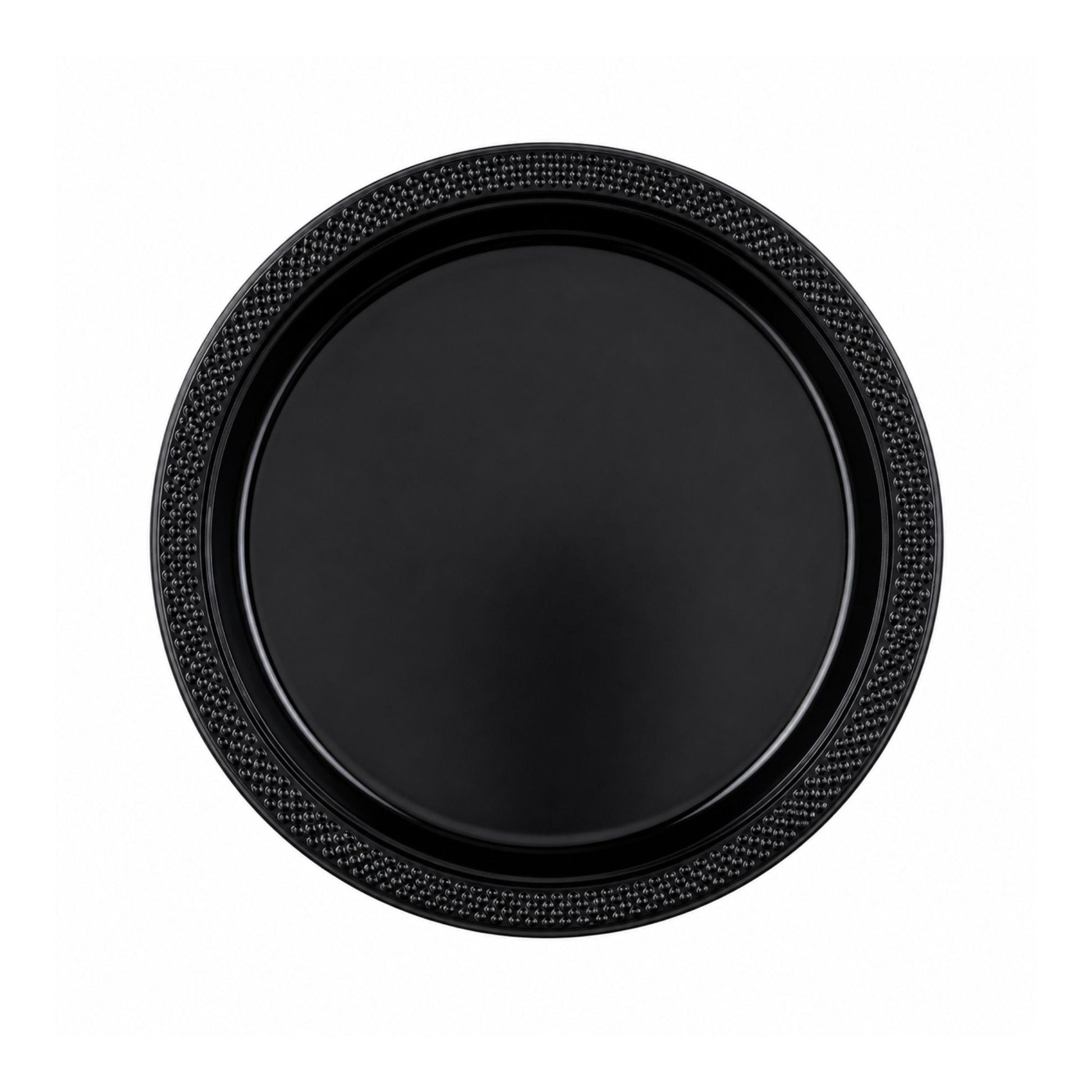 Black plate with textured rim on a white background