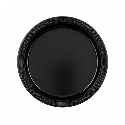 Black plate with textured rim on a white background