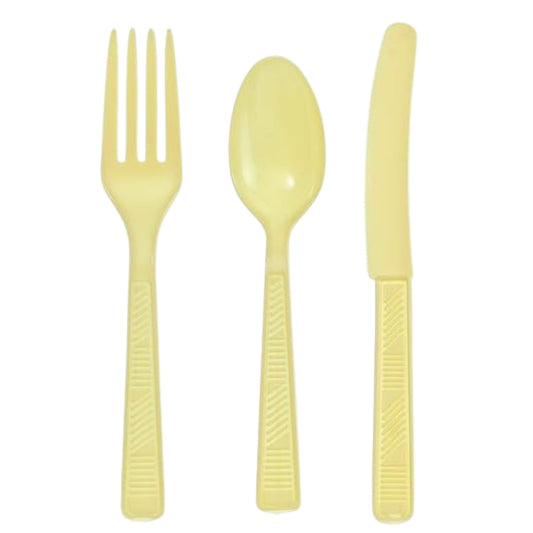 Set of yellow plastic cutlery including a fork, knife, and spoon on a white background