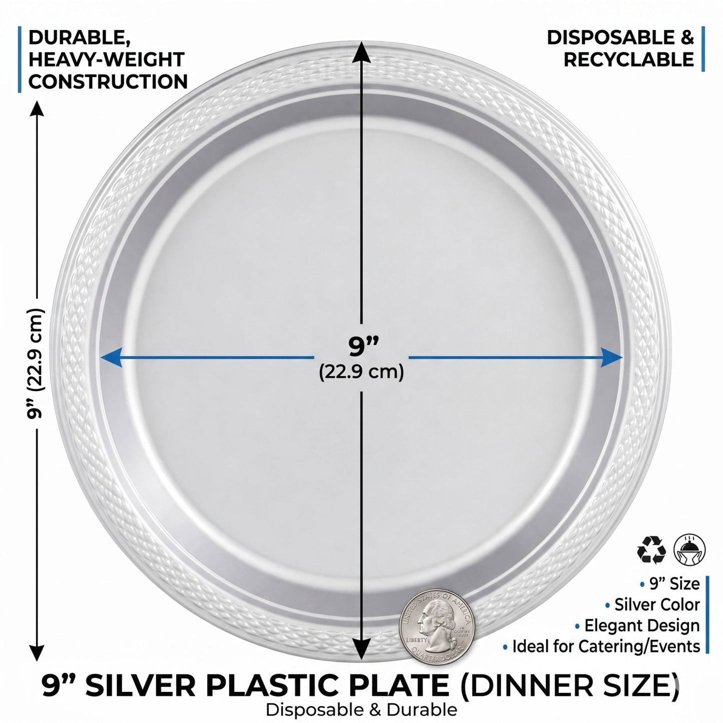 9" Silver Plastic Plate Disposable Durable Disposable Plates Party Dimenions