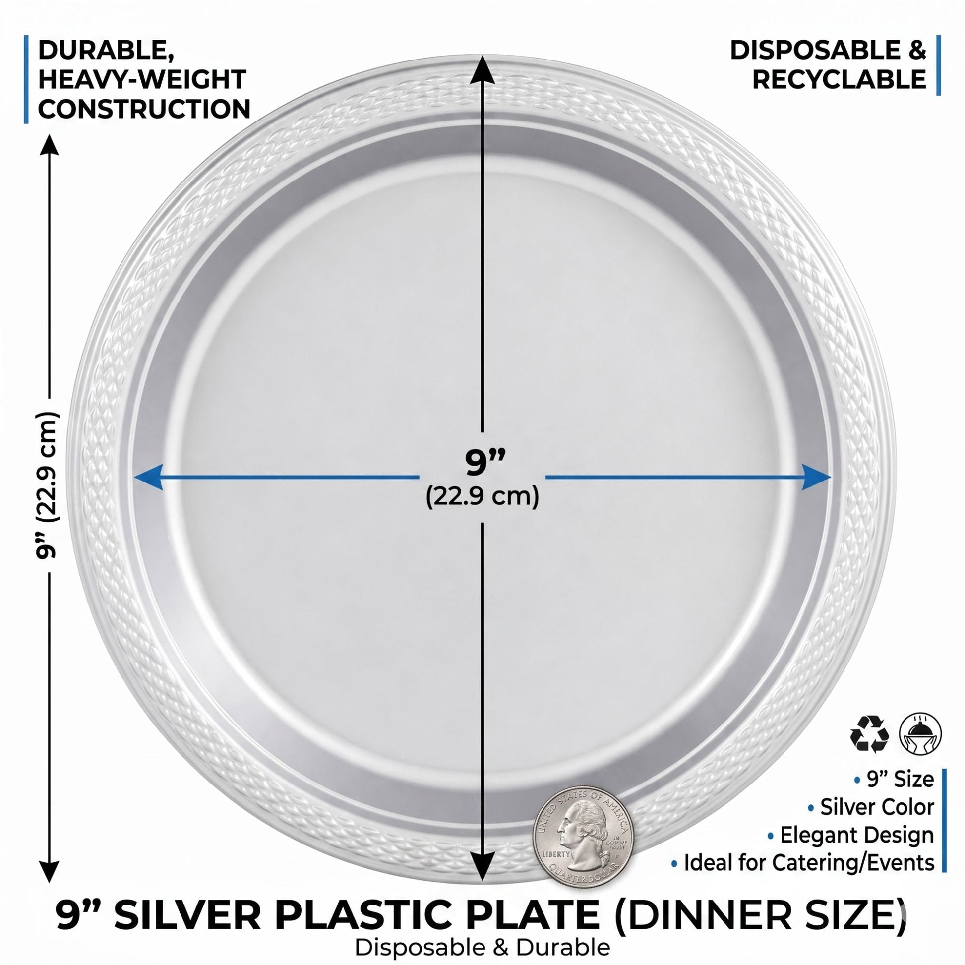 9" Silver Plastic Plate Disposable Durable Disposable Plates Party Dimenions