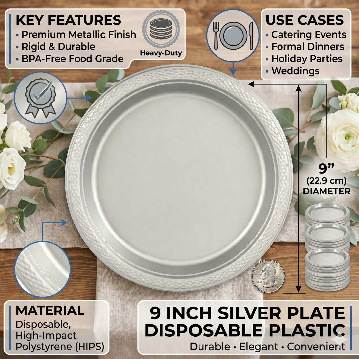 9" Silver Plastic Plate Disposable Durable Disposable Plates Party Dimenions