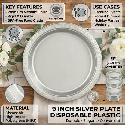 9" Silver Plastic Plate Disposable Durable Disposable Plates Party Dimenions